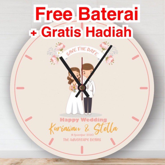 JAM DINDING KAYU CUSTOM NAMA KADO PERNIKAHAN