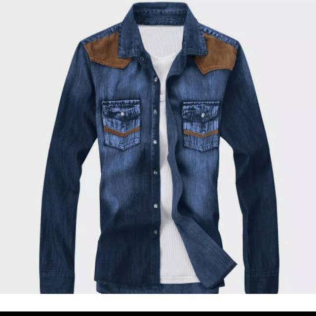 Baju Atasan/Kemeja/Hem Pria/Cowok/Laki-Laki Jeans Wash Lengan Panjang Bagus Casual/Formal