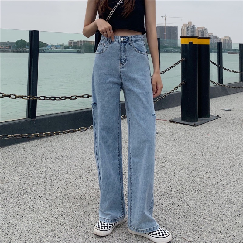 New Biru high waist robek straight leg celana jeans panjang wanita