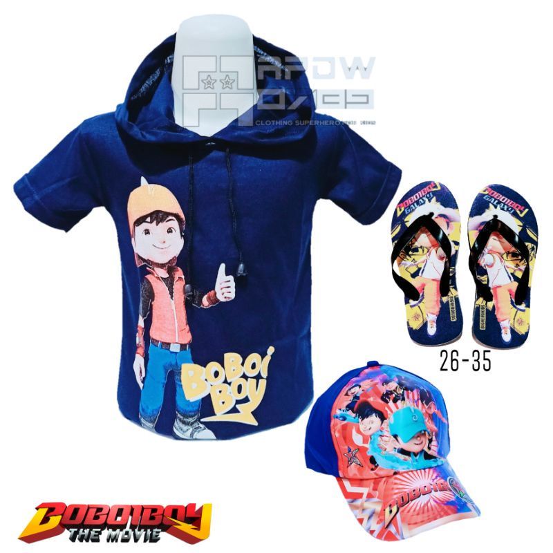 Paket 3in1 Kaos Hoodie anak Boboiboy | free topi Boboiboy dan sandal spon anak