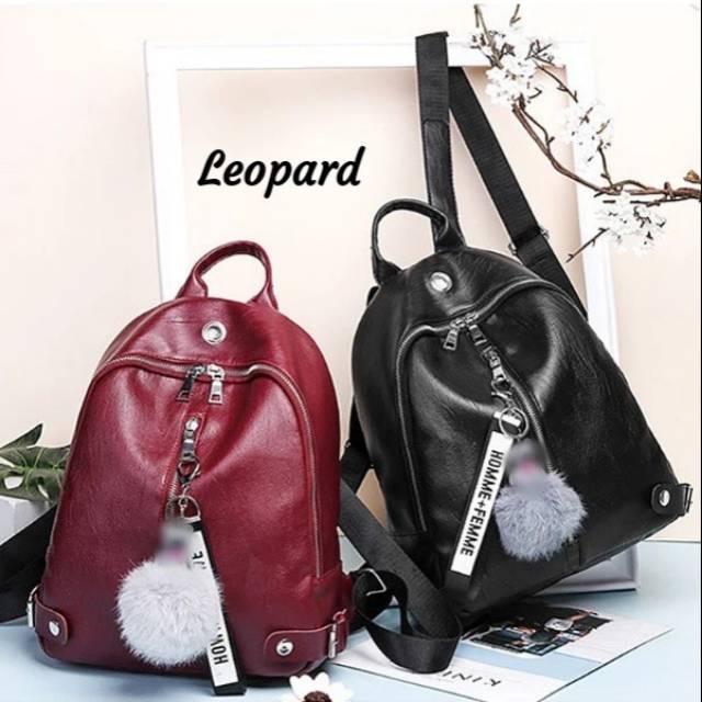 Free pompom tas ransel kulit leopard