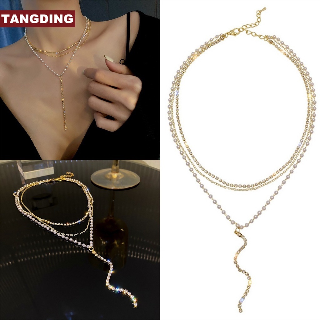 【COD Tangding】Kalung Rantai Klavikula Multi layer Bentuk Y Aksen Mutiara Berlian Gaya Korea Untuk Wanita