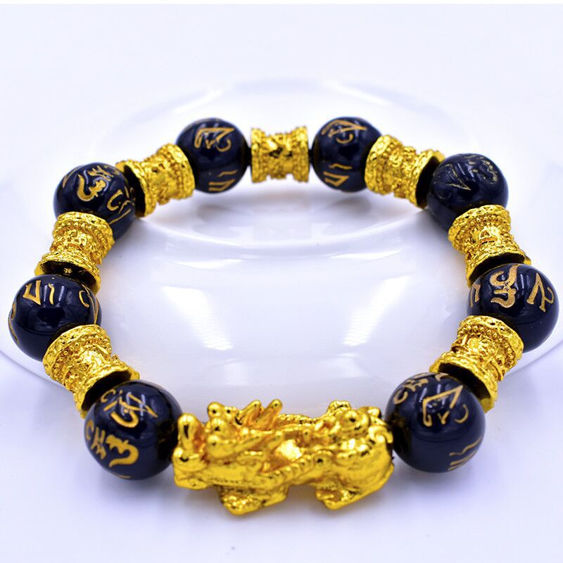 Unisex Feng Shui Black Obsidian Beads Bracelet / Wealth and Good Luck Bracelet / Lucky Gold Colour PIXIU Pendant Bracelet