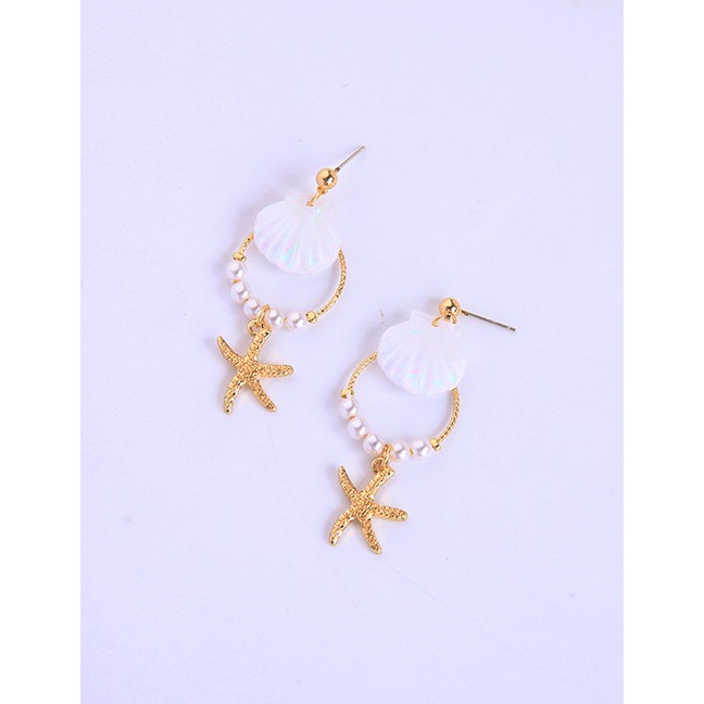 LRC Anting Tusuk Fashion Gold Starfish 925 Sterling Silver Shell Pearl Earrings D17379