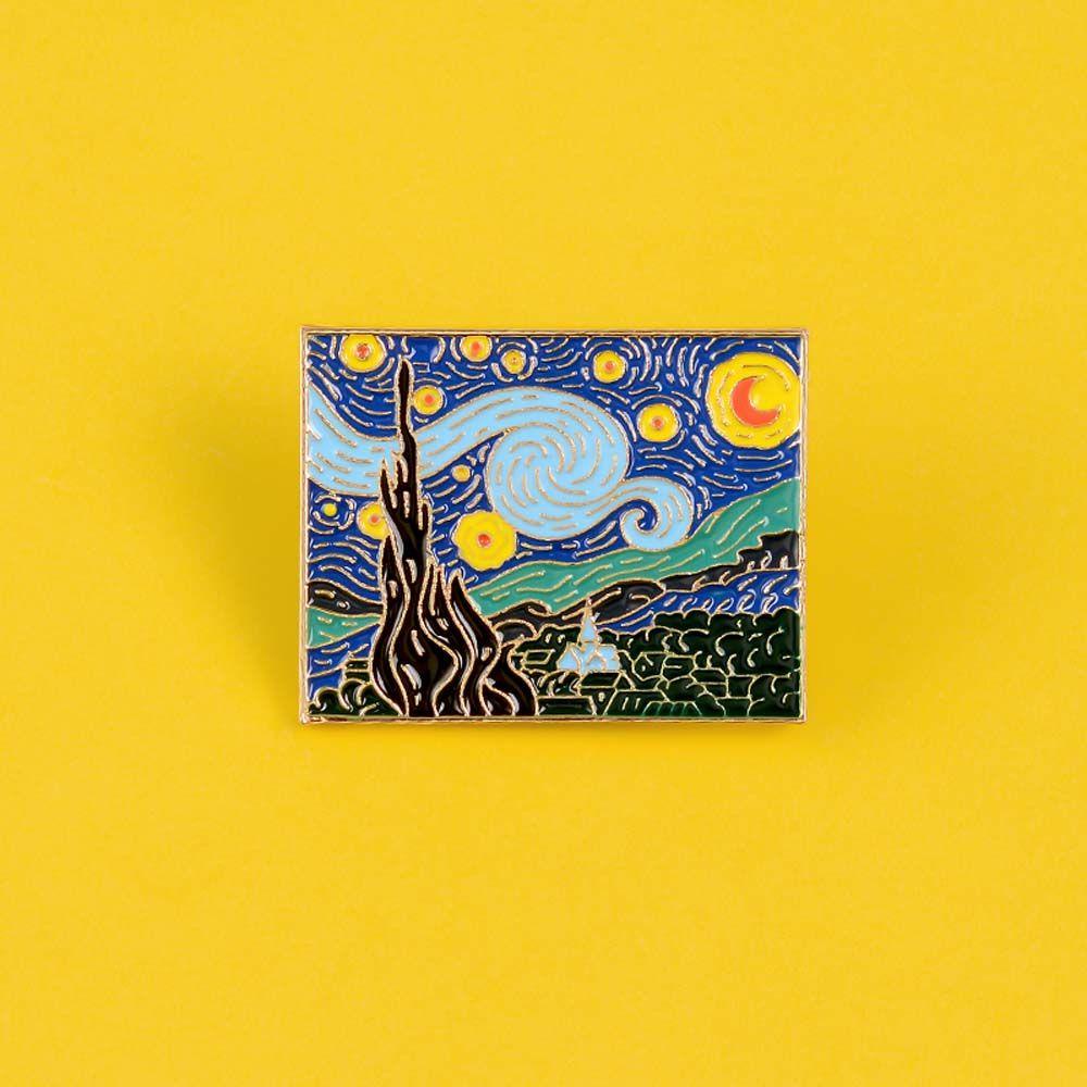 Mxbeauty Langit Berbintang Bros Sunset Gunung Desa Hadiah Untuk Wanita Pria Perhiasan Aksesoris Lukisan Minyak Van Gogh Van Gogh's Masterpiece Lukisan Lencana Pin Enamel Hewan Pin