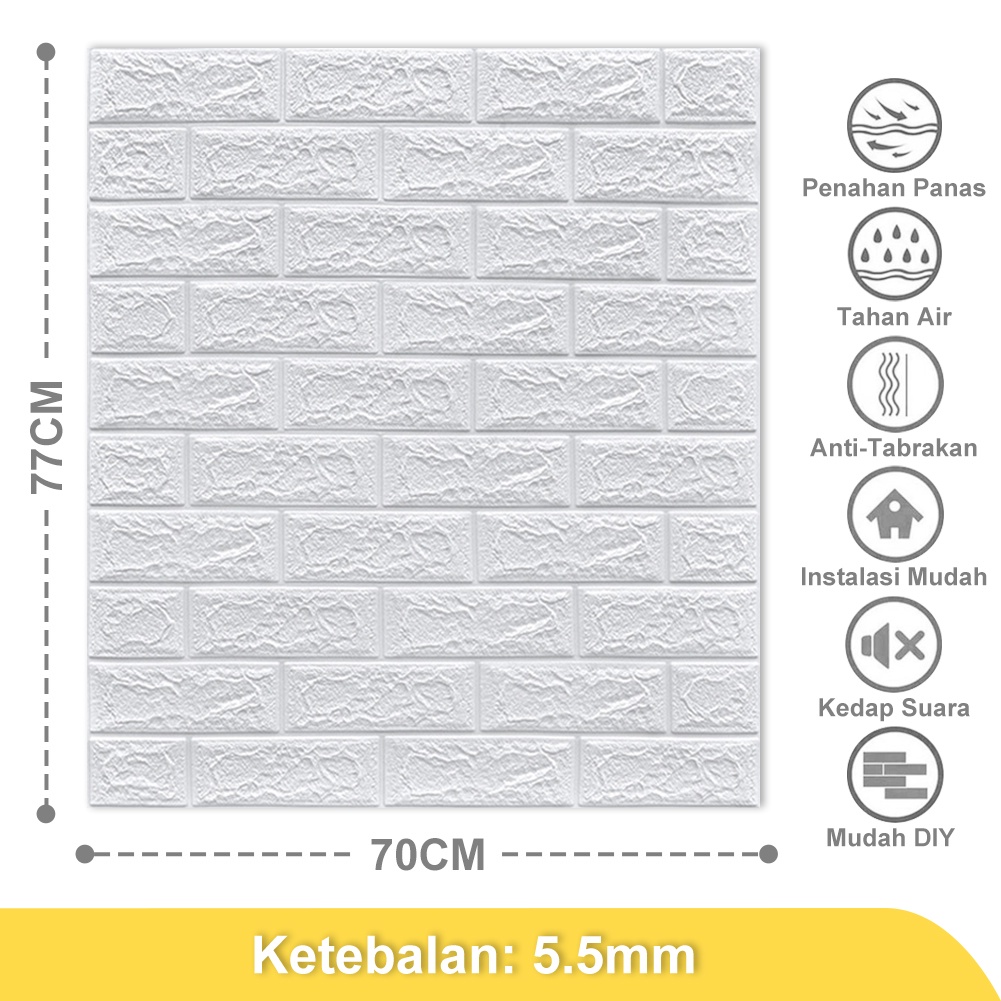 Wallpaper Dinding Foam 3D Dekor Kamar Motif Batu Bata Wallpaper High Quality-Putih(5.5mm)