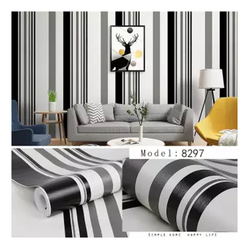 (COD) Gudang Wallpaper Sticker Dinding kamar Anti Air Murah Dan Terbaik Motif Garis Hitam Bahan PVC Premium (SUDAH ADA LEM)