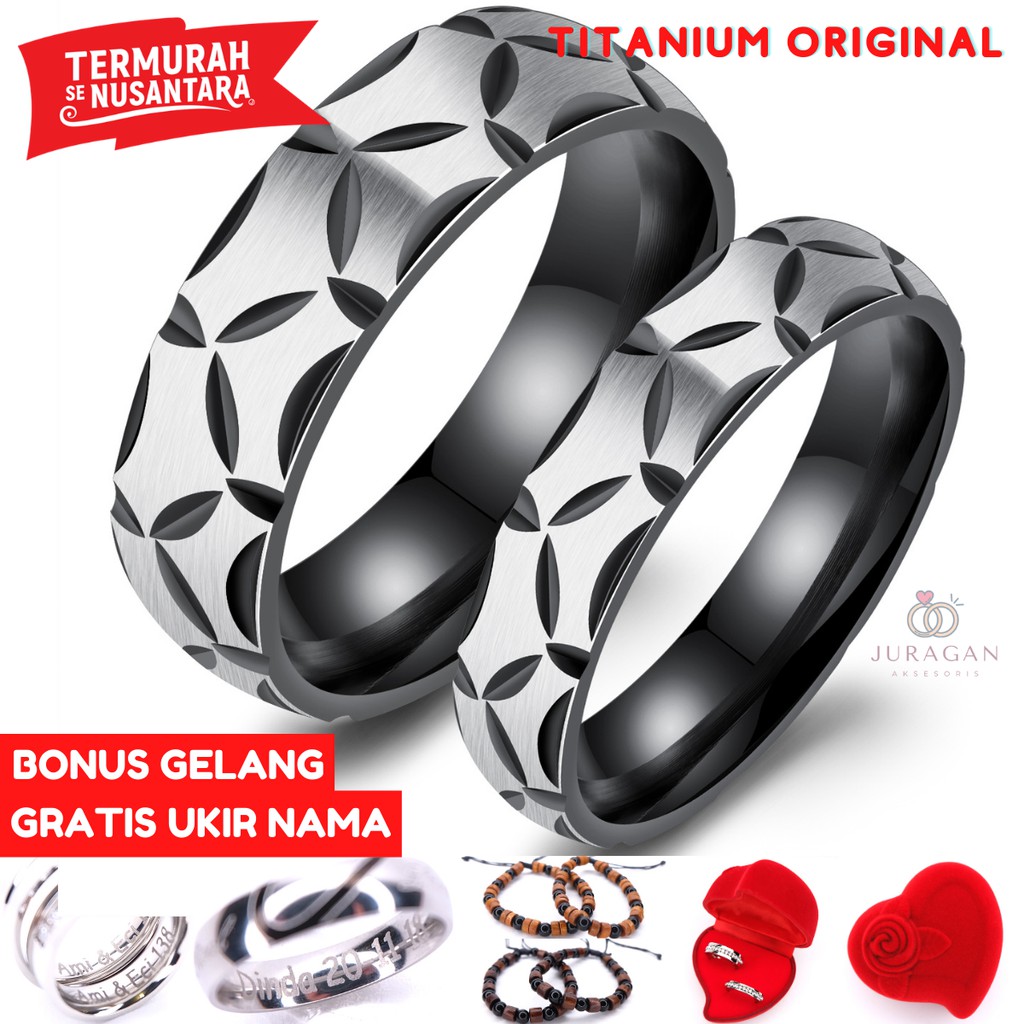 [HIGH QUALITY] Cincin Couple BUCIN R74 Titanium Ukir Nama + Box Cincin Beludru + BONUS Gelang Couple