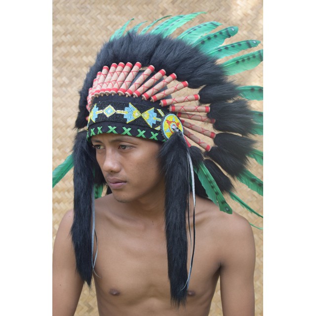 TOPI INDIAN - INDIAN HEADDRESS SMALL ANGSA MONTE HIJAU TUTUL HITAM