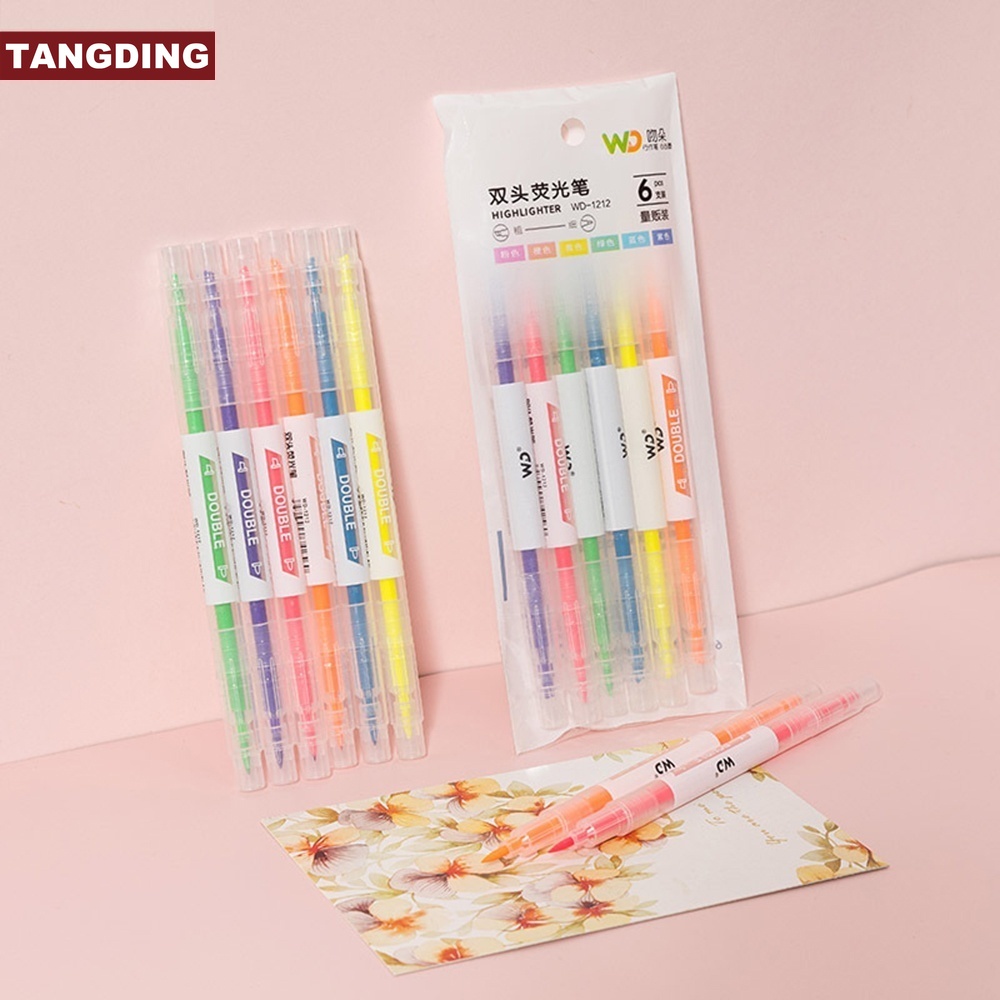 【COD Tangding】6pcs/set Double-headed Highlighter Students Pen To Highlight The Line Marker Pen Oblique Head Highlighter