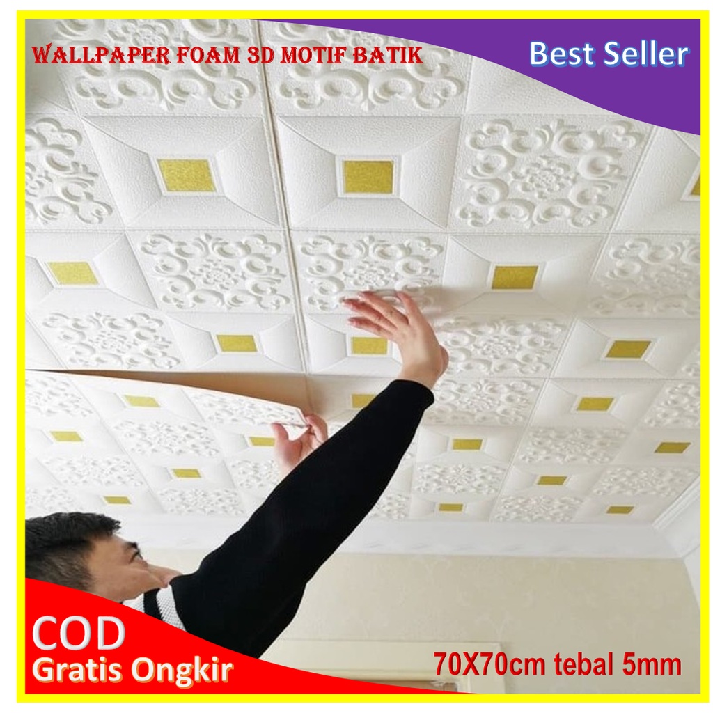 Wallpaper Sticker Dinding 3D Foam Plafon Ruang Tamu Kamar Tidur Motif Batik 70x70cm Tebal 5m