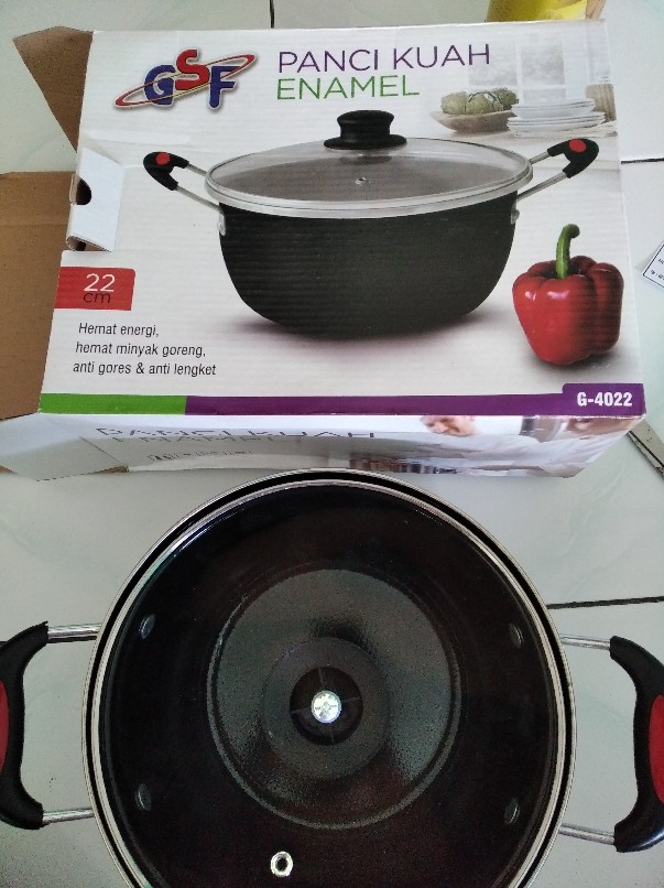 Terlaris !!! Panci Kuah Enamel Gsf & Q2 Anti Lengket Uk 22 Gsf 4022 & Q2 2201 Tutup Kaca Panci Susu