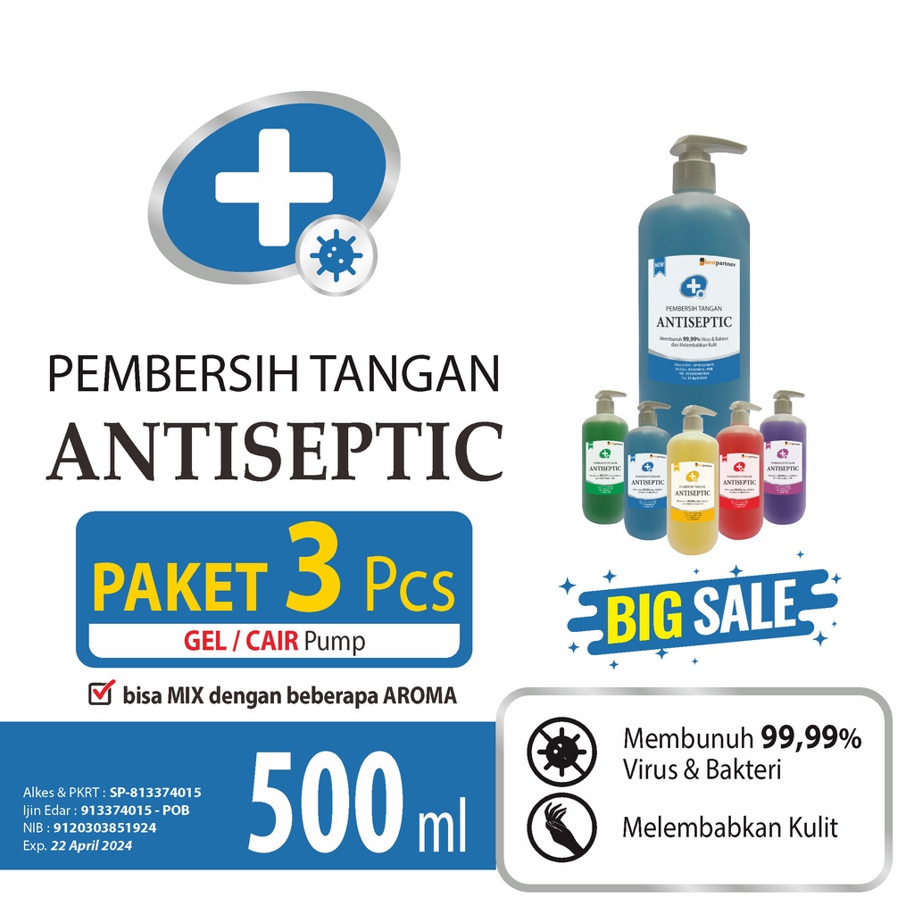 handsanitizer cair pump 500 ml paket promo 3 pcs aneka aroma