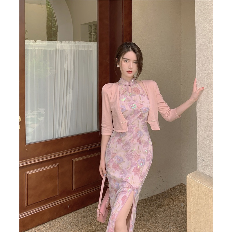 gaun midi korea seksi mesh gaun cheongsam celah kecil gaun midi