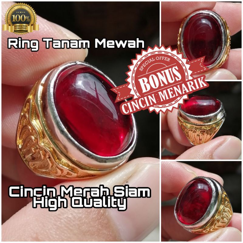 Cincin Batu Akik Merah Siam Kristal Ring Tanam Mewah