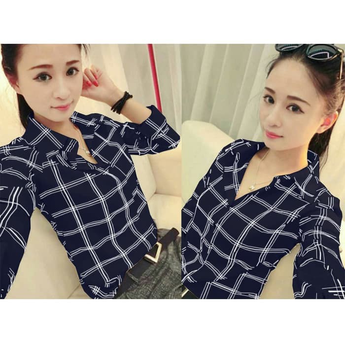 Pakaian Wanita - Kemeja /[HEM SQUARE NAVY up SL] Kemeja wanita katun kotak navy FY