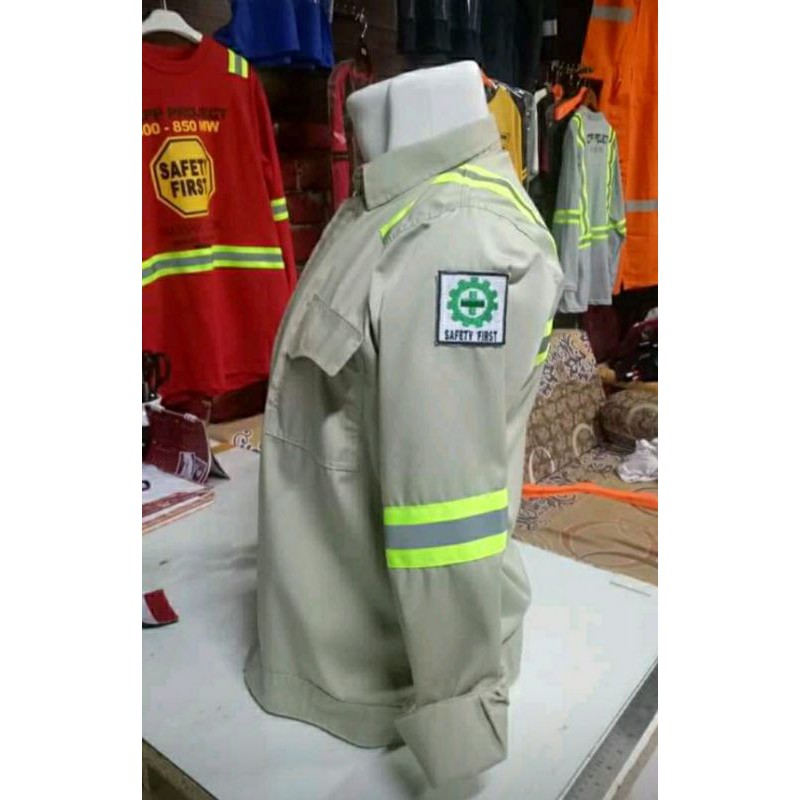 BAJU SAFETY SERAGAM PROYEK COKLAT SUSU SCOTLIGHT HIJAU RESLETING KAIN DRILL FREE LOGO K3 BENDERA