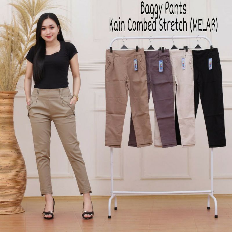 Celana Baggy Pants Wanita Bahan Combed Stretch Melar dan Tebal