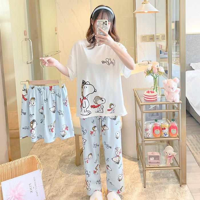 BARU Piyama Wanita Baju Tidur Wanita Dewasa Celana Panjang+Pendek - Trio Snoopy(F4S4) Piyama Wanita 