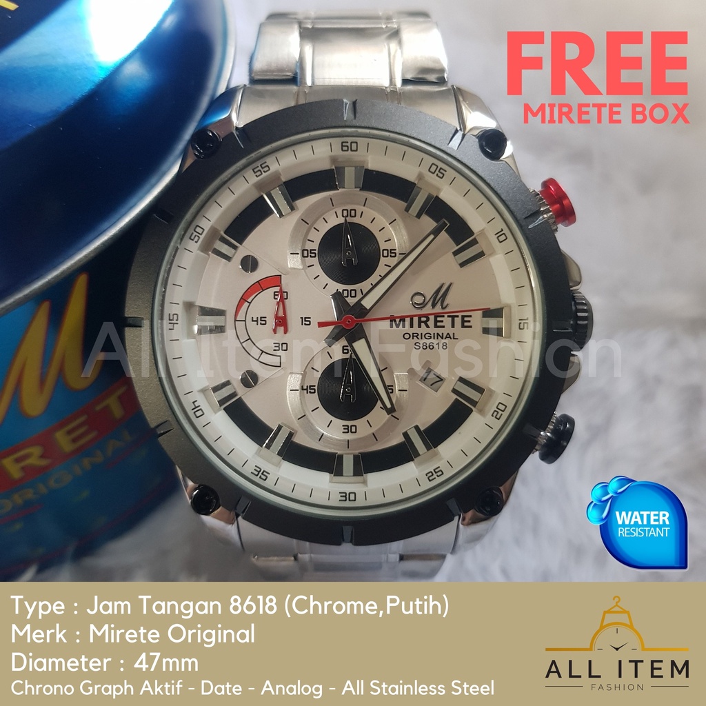 Jam Tangan Chrono Rantai MIRETE 8618 / Jam Tangan Pria Anti Air ORI / Arloji / Watches (FREE BOX)