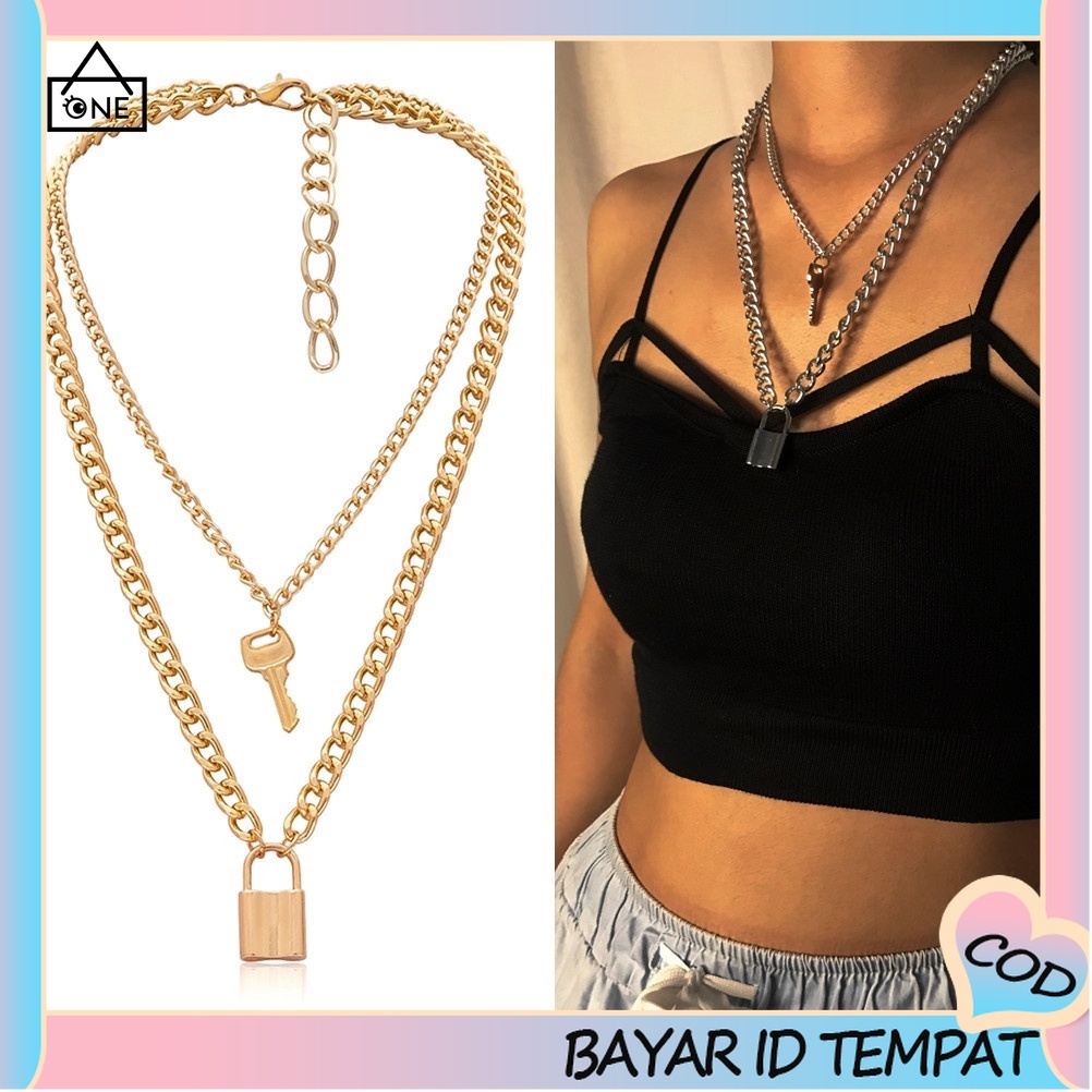 COD❤Kalung Rantai 2 Layer Liontin Gembok Hati Retro Simple Kreatif Untuk Wanita A one