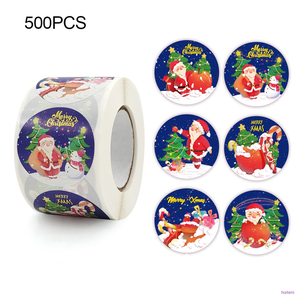 500pcs / Roll Stiker Kertas Motif Santa Claus Tema Natal Bentuk Bulat Untuk Kotak Hadiah