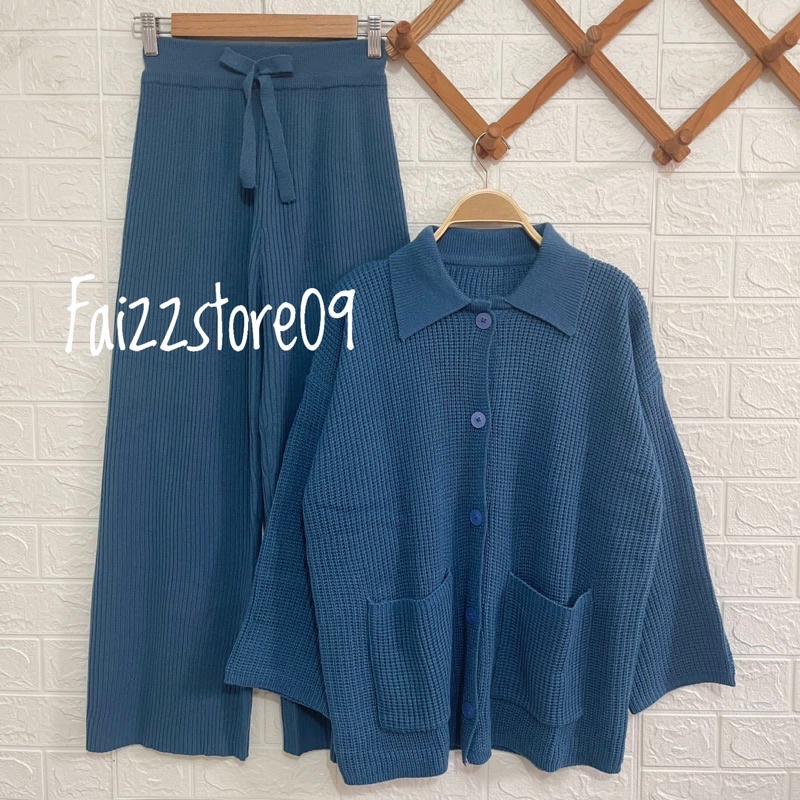 One set Stelan Celana Kulot Wanita / Keyra Oversize Cardigan Rajut Kancing Wanita