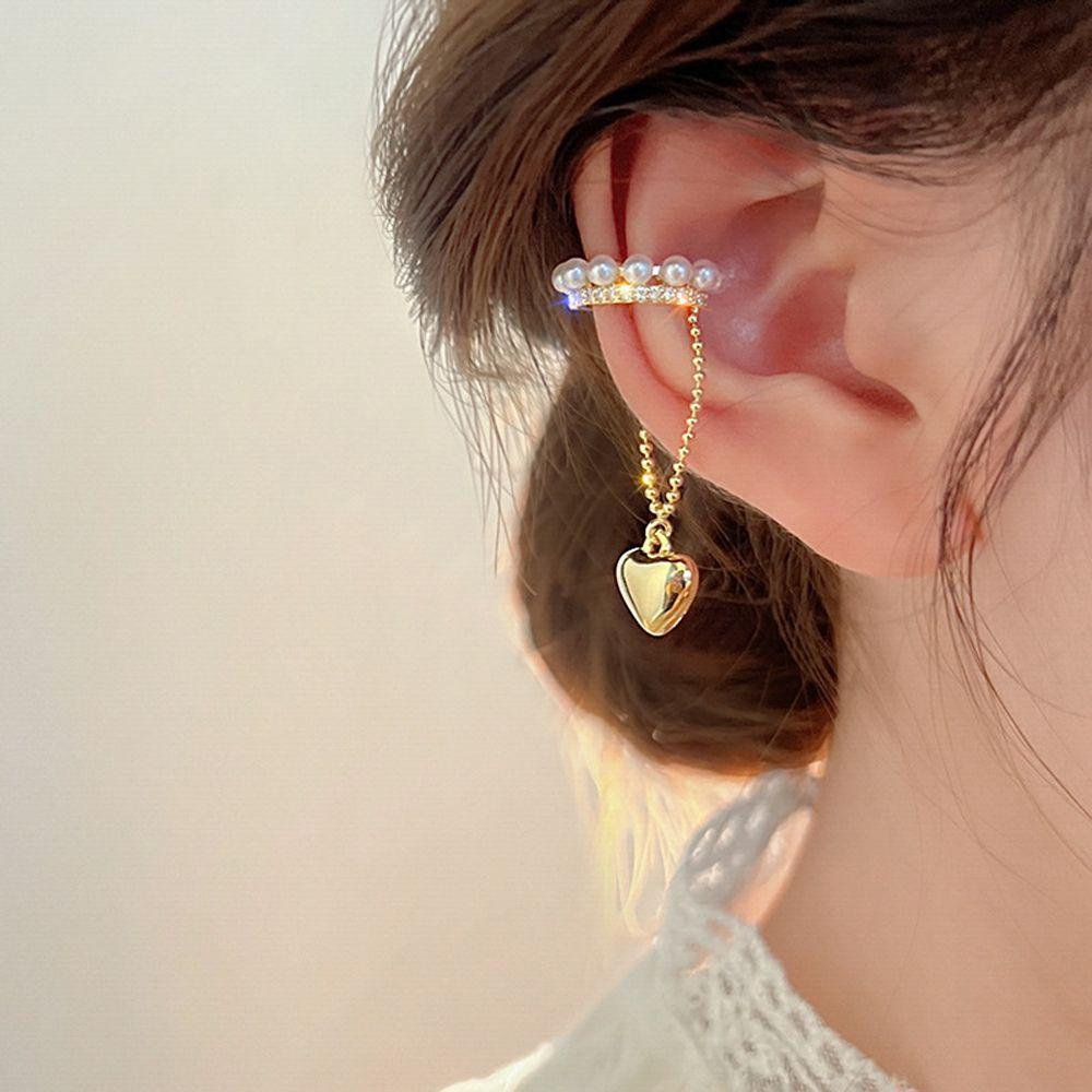 Needway Wanita Klip Telinga Trendi Elegan Mutiara Hati Tergantung Temperamen Zirkon Klip On Anting