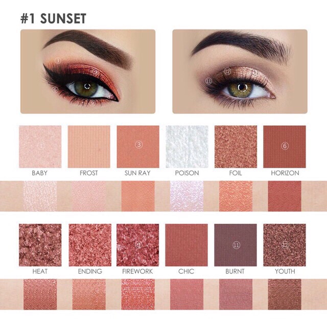 FOCALLURE EYESHADOW 12 COLORS SUNSET DAN BURNING WITH MIRROR (KACA) FA50