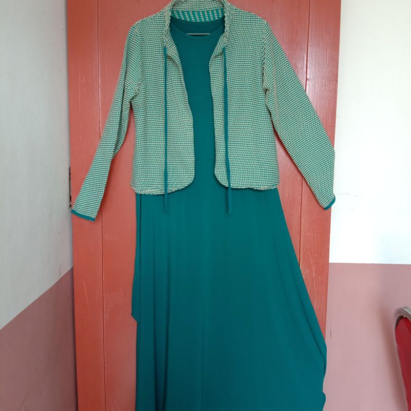 Gamis + Outer Hijau Botol Jersey Premium