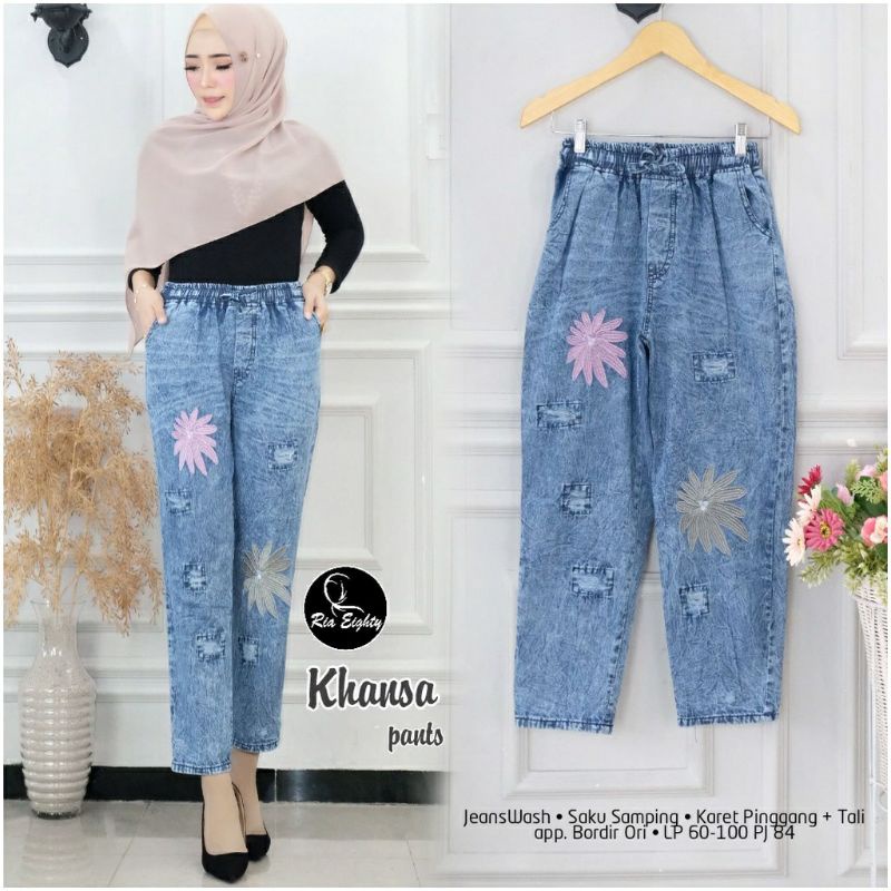 AYLIN KHANSA PANTS JEANS BORDIR BUNGA RUBBER WAIST