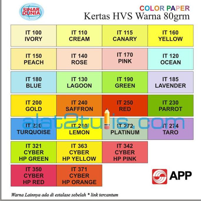 

HVS WARNA 80GRM / KERTAS A4 ( 20 LEMBAR / PAK ) KODE 1084
