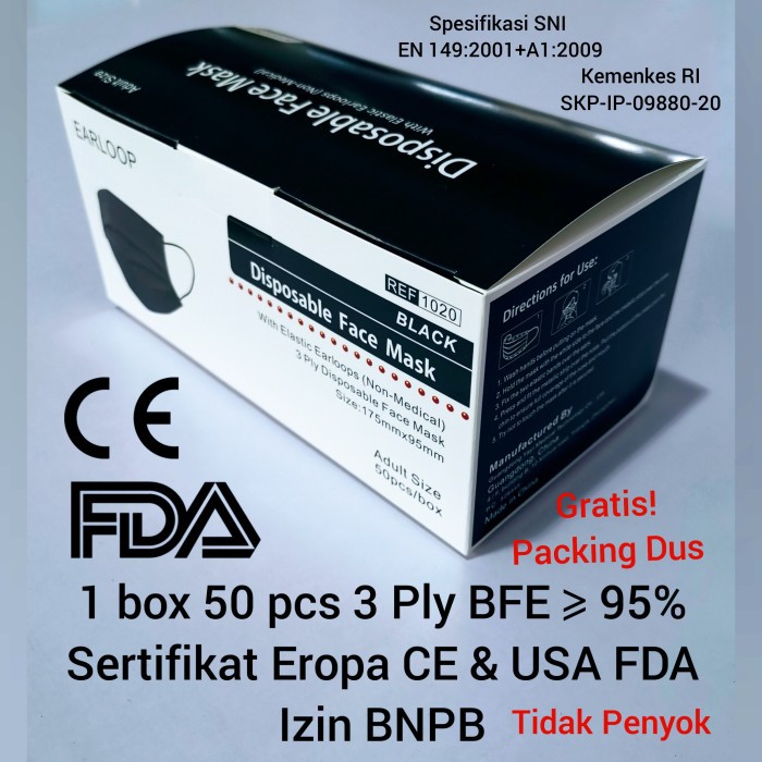 Masker Hitam 3Ply 3 Ply Masker Disposable Earloop Non - Masker Medis