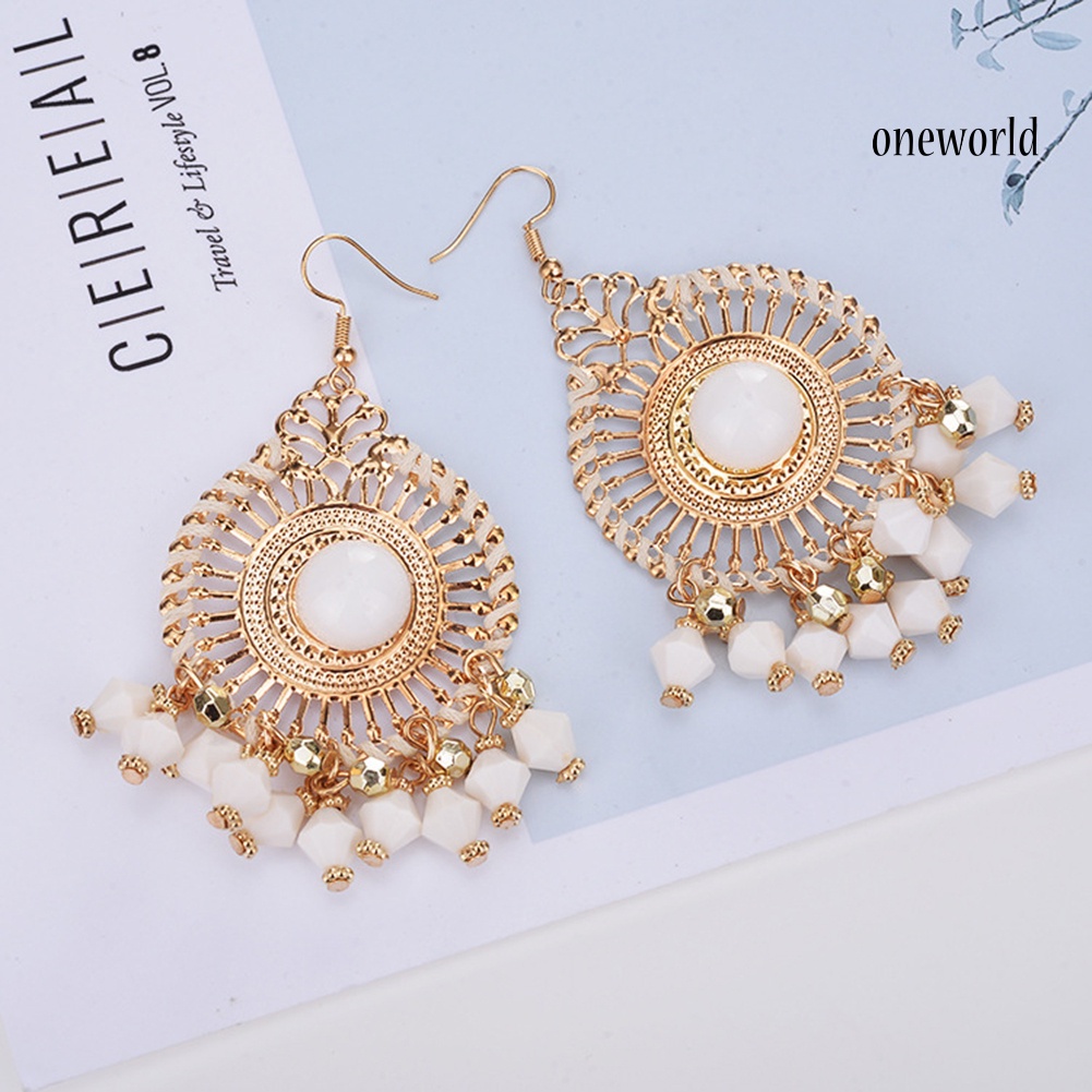 OW@ Bohemia Women Fashion Retro Tassel Beads Round Drop Dangle Hook Earring Jewelry