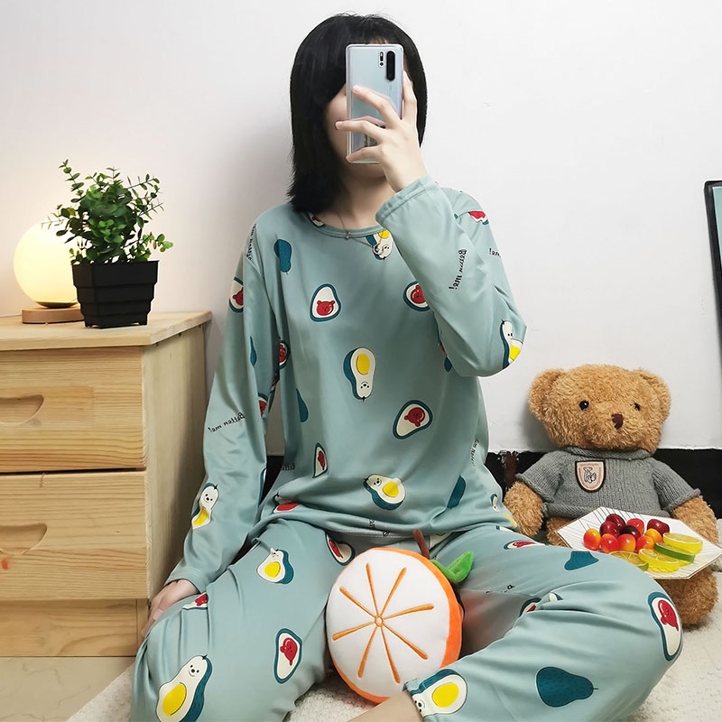 Setelan Lengan Panjang Piyama Baju Tidur Wanita Kartun Karakter Pajamas Dewasa set Piama Wanita-Avocado