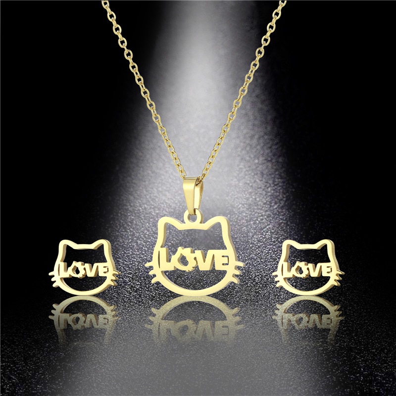 Enxi Jewelry Set Kalung Antting Titanium Anti Karat Wanita Liontin kucing Perhiasan Aksesoris 1228S02