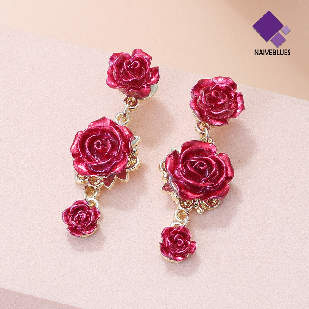 Naiveblue 1 Pasang Anting Tusuk Gantung Bahan Alloy Desain Mawar Gaya Retro Untuk Wanita