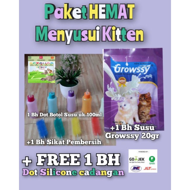 PAKET HEMAT SUSU KUCING GROWSSY 20 GR + DOT BOTOL SUSU KOMPLITE UK. 100 ML + SIKAT PEMBERSIH + DOT SILIKON CADANGAN