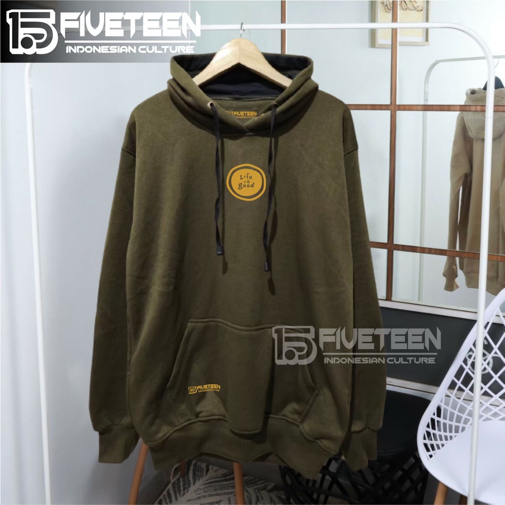 jaket distro original brand 15fifteen15 warna hijau army list sablon life is good hoodie cowok