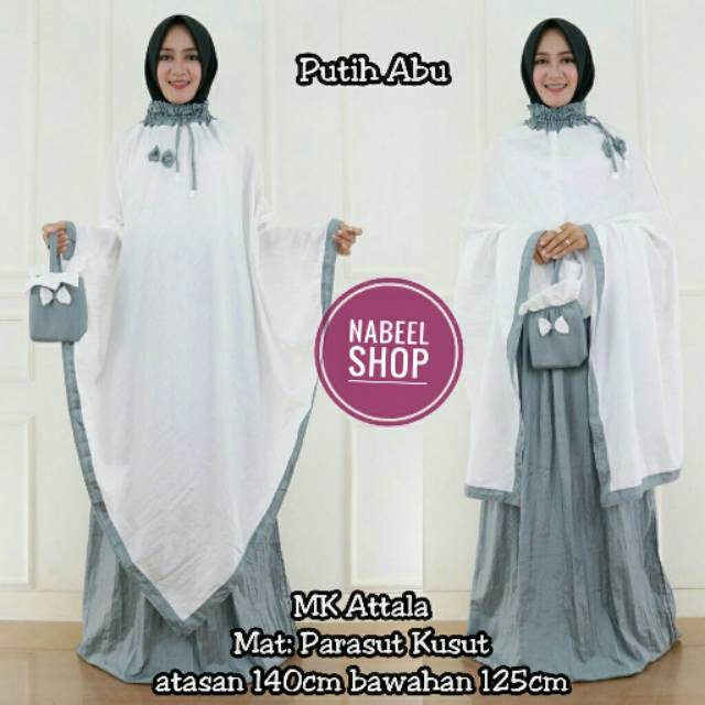 Mukena travel ponco attala parasut abu putih polos adem premium elegan cantik abawa terbaru