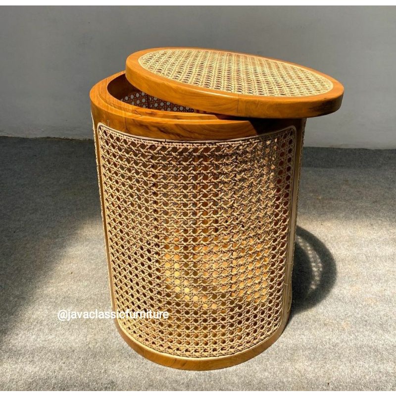 ROUND STORAGE TEMPAT PENYIMPANAN SERBAGUNA ESTETIK NAKAS RETRO ROTAN BULAT BAHAN KAYU JATI MIX ROTTAN UNIK VINTAGE-1