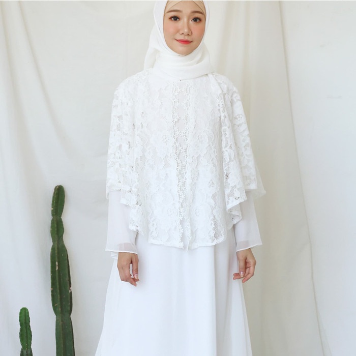 PREMIUM GAMIS BRUKAT CAPE NAGITA/GAMIS MUSLIM CAPE/DRESS MUSLIM PUTIH #8853 - PUTIH TULANG, L