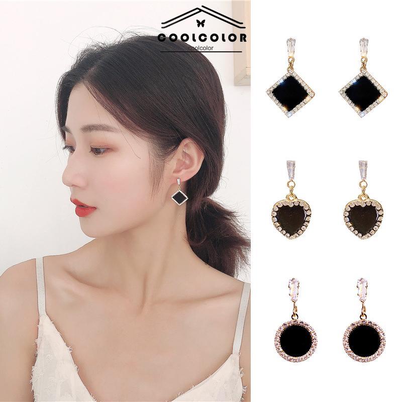 COD❤️1 Sepasang Anting Perak 925 Pejantan Pejantan Geometris Berlian Hitam Wanita Aksesoris Fashion Mewah Korea