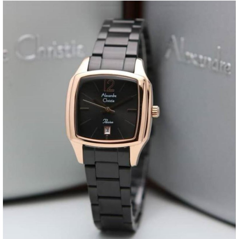 Jam Tangan Wanita Jam Tangan Kotak Jam Tangan  Alexandre Christie AC 2454 Black Gold