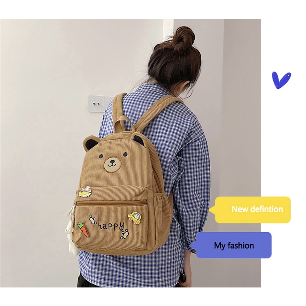 WYK104B Tas Ransel Wanita Korduroi Muka Beruang Face Bear Backpack Feather Impor TKM