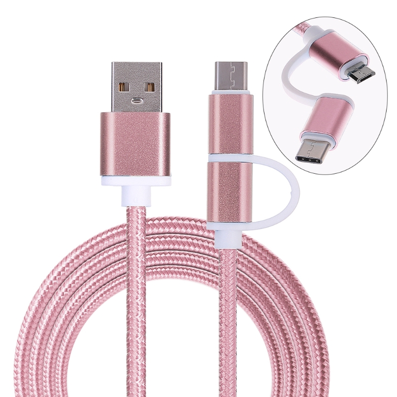 2 in 1 USB 2.0 Male To USB 3.1 Type C &amp; Micro USB Weave Data Charging Cable Fast