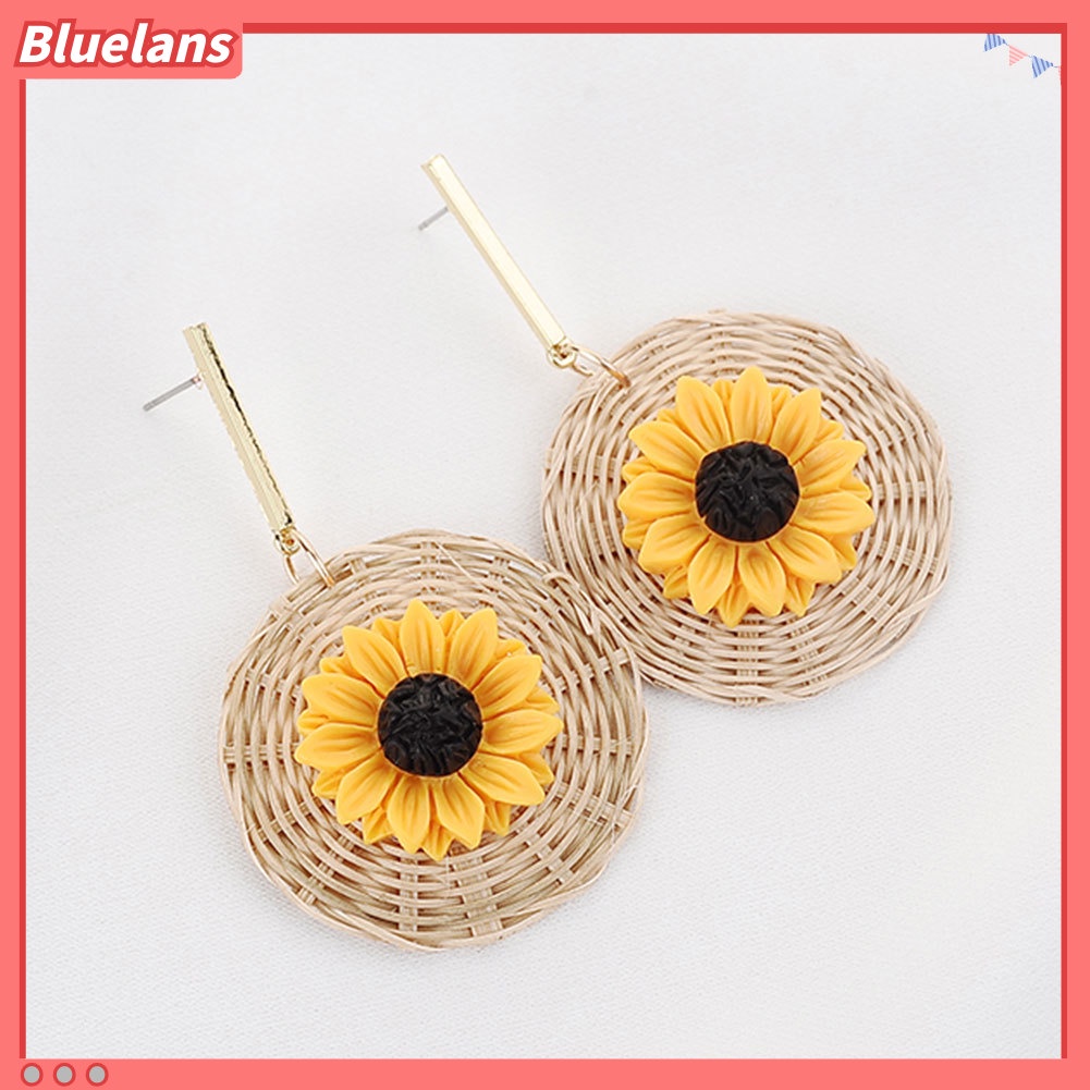 Bluelans Boho Sunflower Rattan Woven Round Pendant Statement Women Stud Earrings Jewelry