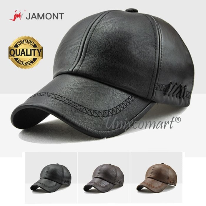 Topi Pria Jamont Zig Zag Stitch Topi Baseball Hat Casual Sport Pria Wanita PU - Black(X9H8) Topi Pri