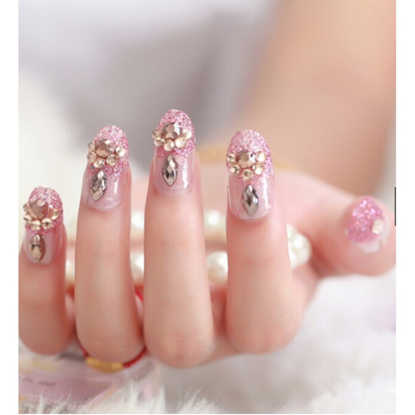 NAIL ART - 24 Pcs kuku palsu cantik pink bertaburan emas dan perak imitasi  | Shopee Indonesia