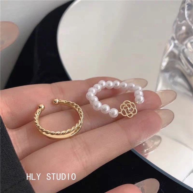 AY(CN) Korean Butterfly Pearl Ring Set Fashion Flower Chain Finger Rings Jewelry Accessories